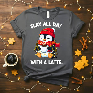 Funny Christmas coffee meme t-shirt for latte lovers, Slay All Day With A Latte tee for holiday gifting, caffeine humor shirt for women and men, coffee lover Christmas meme apparel 2025 by Memez Store