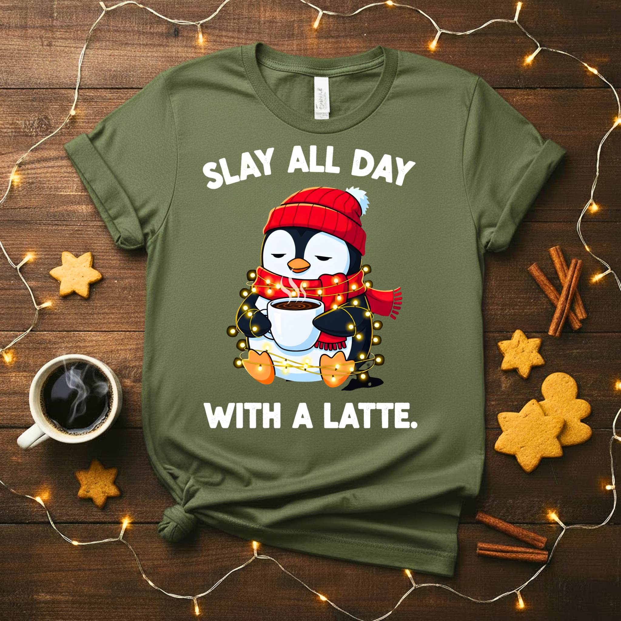 Funny Christmas coffee meme t-shirt for latte lovers, Slay All Day With A Latte tee for holiday gifting, caffeine humor shirt for women and men, coffee lover Christmas meme apparel 2025 by Memez Store