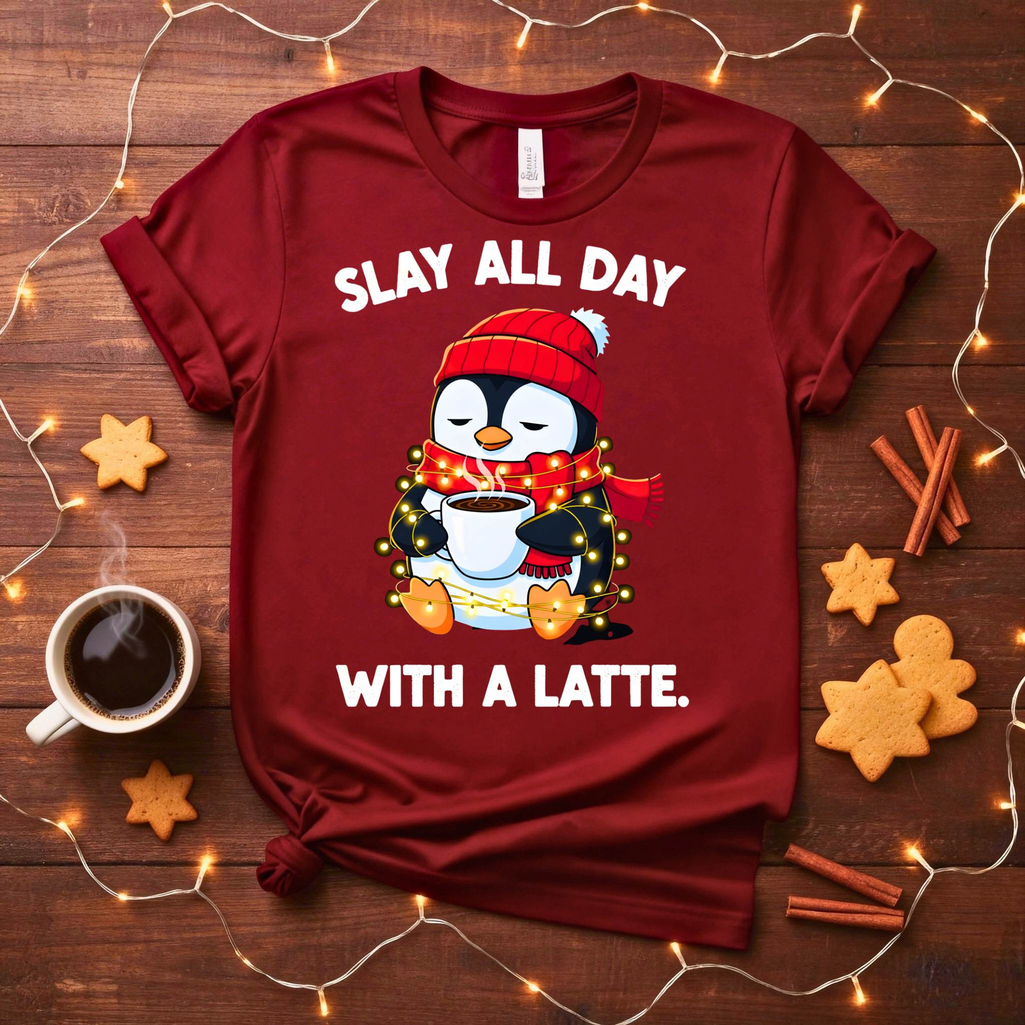 Funny Christmas coffee meme t-shirt for latte lovers, Slay All Day With A Latte tee for holiday gifting, caffeine humor shirt for women and men, coffee lover Christmas meme apparel 2025 by Memez Store