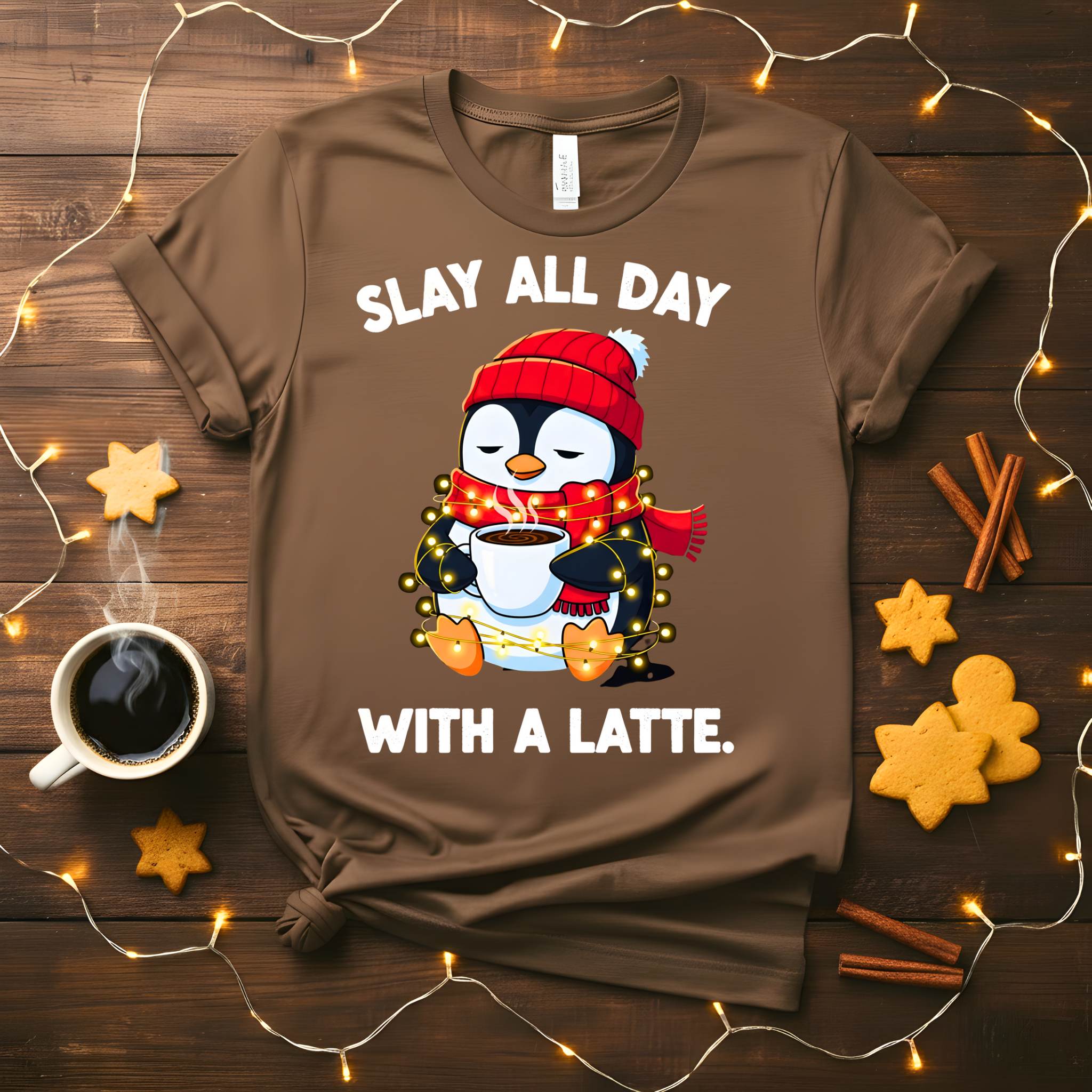 Funny Christmas coffee meme t-shirt for latte lovers, Slay All Day With A Latte tee for holiday gifting, caffeine humor shirt for women and men, coffee lover Christmas meme apparel 2025 by Memez Store