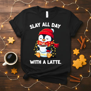 Funny Christmas coffee meme t-shirt for latte lovers, Slay All Day With A Latte tee for holiday gifting, caffeine humor shirt for women and men, coffee lover Christmas meme apparel 2025 by Memez Store