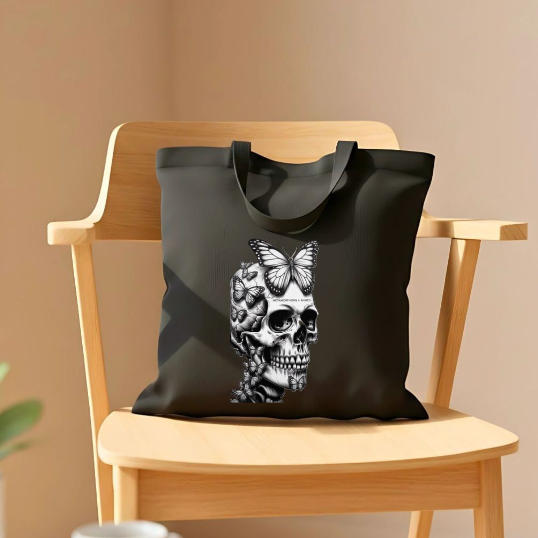 Funny Skull with Butterfly Ironic Tote Bag