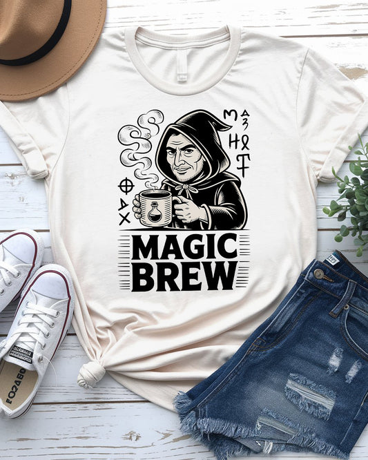 Magic Brew coffee meme t-shirt flat lay – great gift for espresso fans
