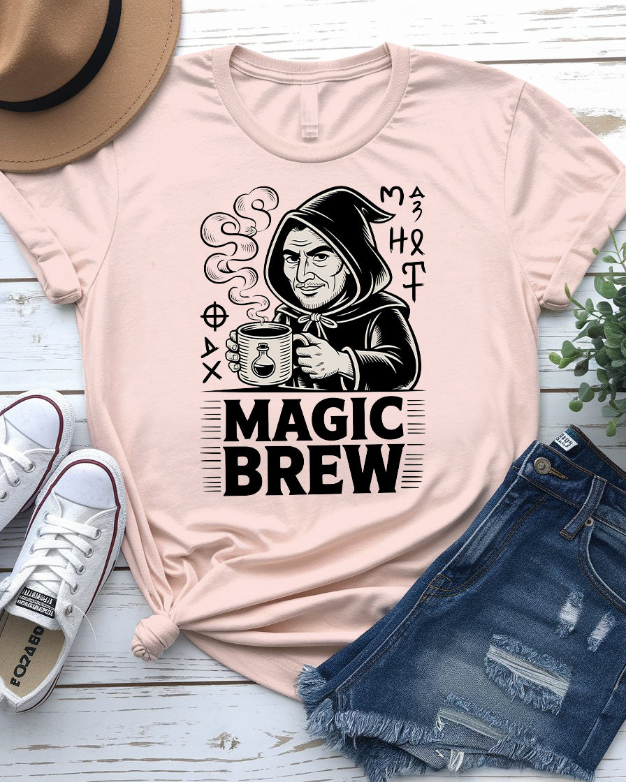 Magic Brew coffee meme t-shirt flat lay – great gift for espresso fans