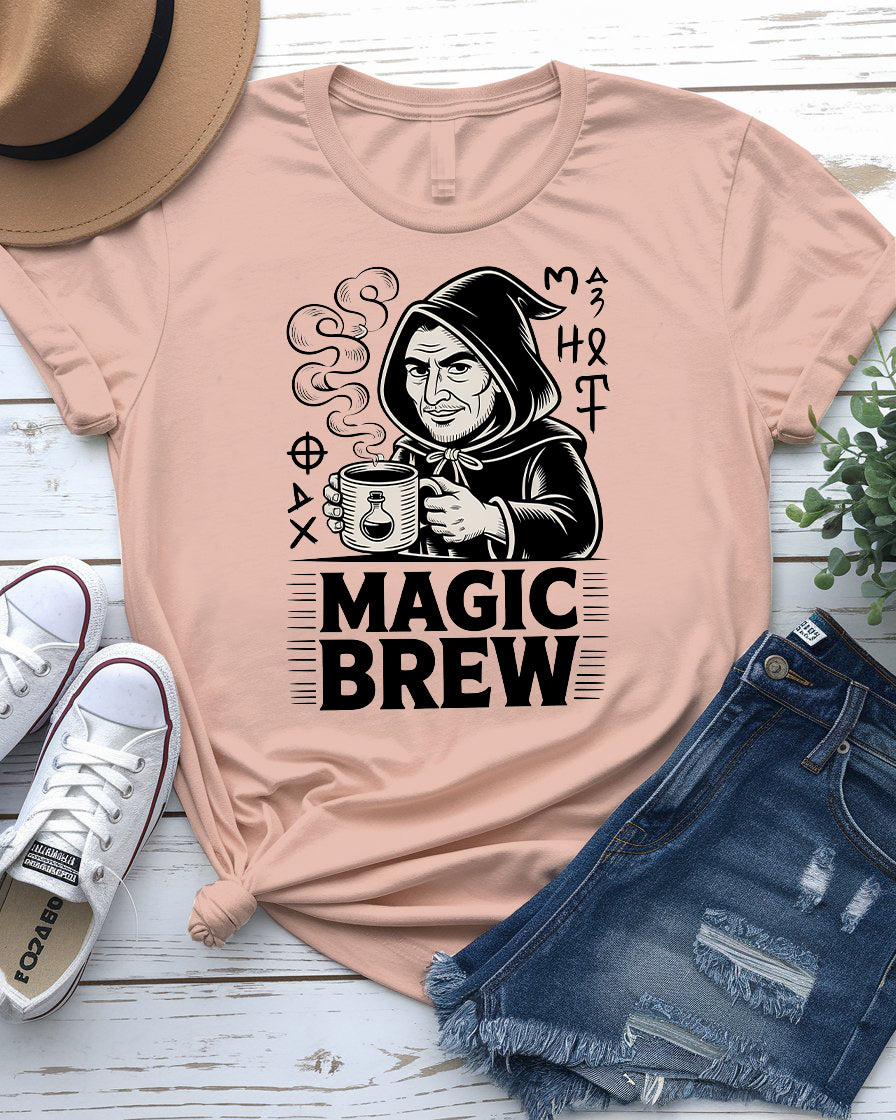 Magic Brew coffee meme t-shirt flat lay – great gift for espresso fans