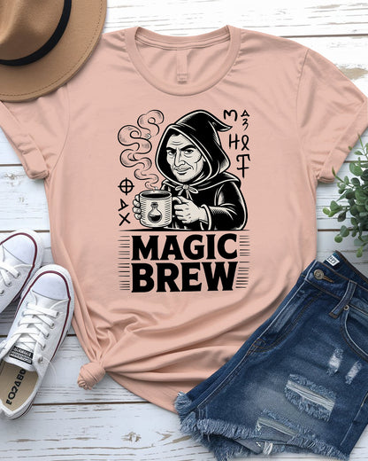 Magic Brew coffee meme t-shirt flat lay – great gift for espresso fans