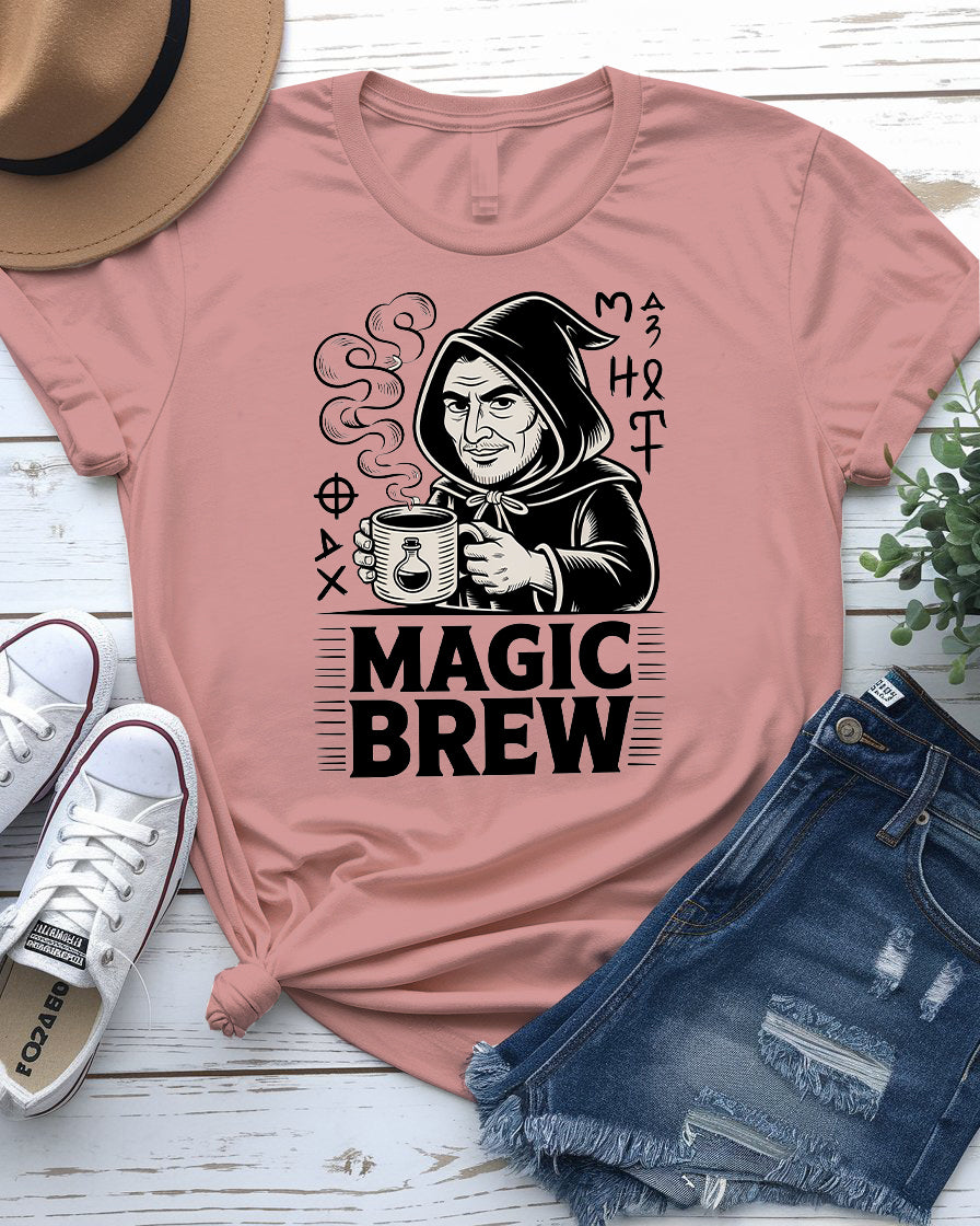 Magic Brew coffee meme t-shirt flat lay – great gift for espresso fans