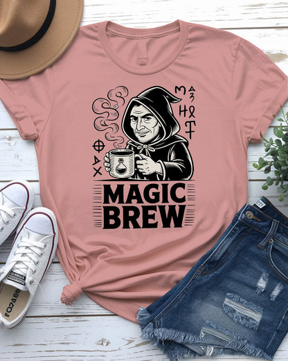 Magic Brew coffee meme t-shirt flat lay – great gift for espresso fans