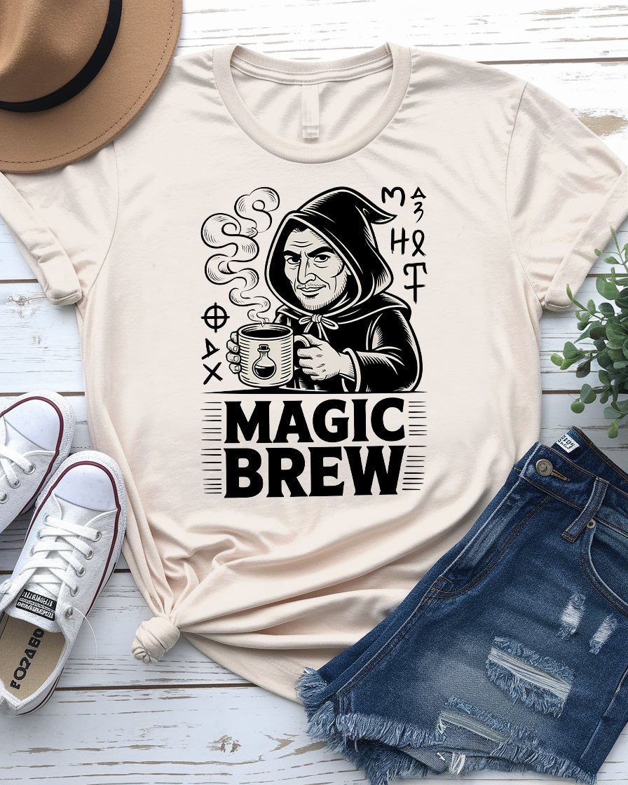Magic Brew coffee meme t-shirt flat lay – great gift for espresso fans