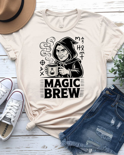 Magic Brew coffee meme t-shirt flat lay – great gift for espresso fans
