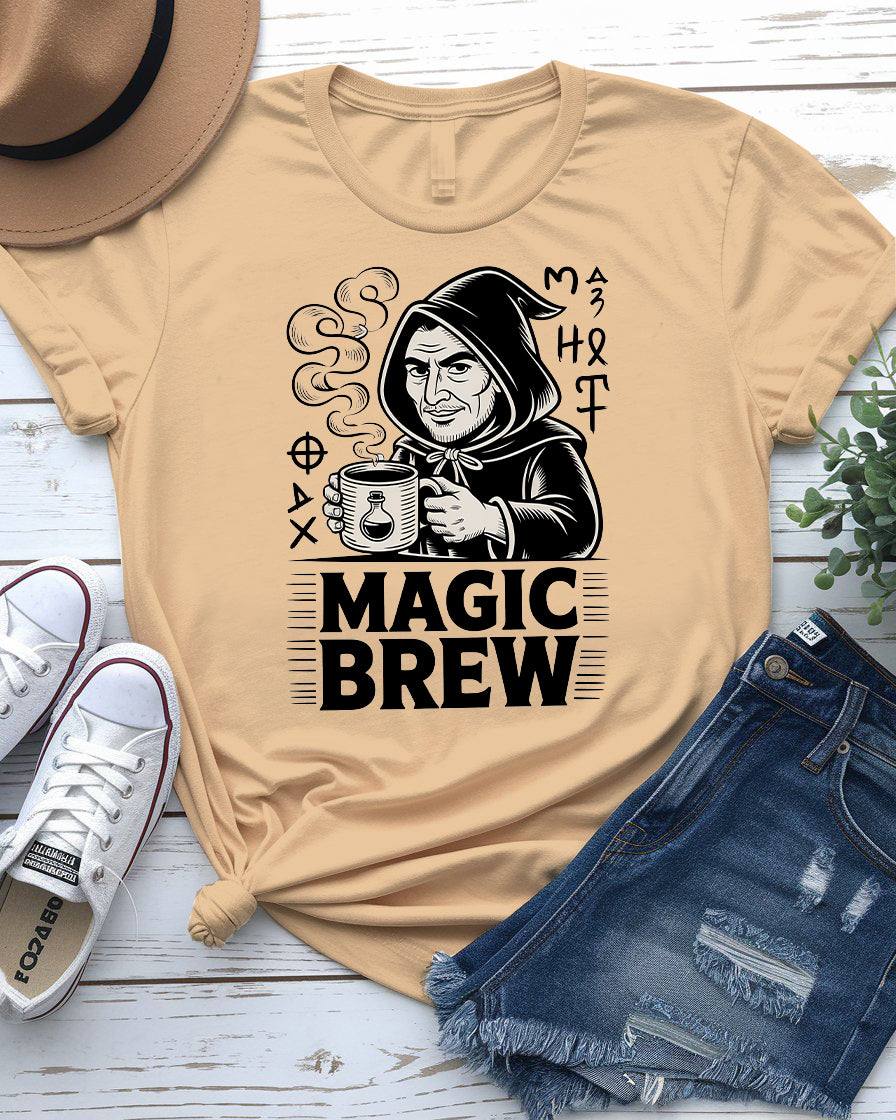 Magic Brew coffee meme t-shirt flat lay – great gift for espresso fans