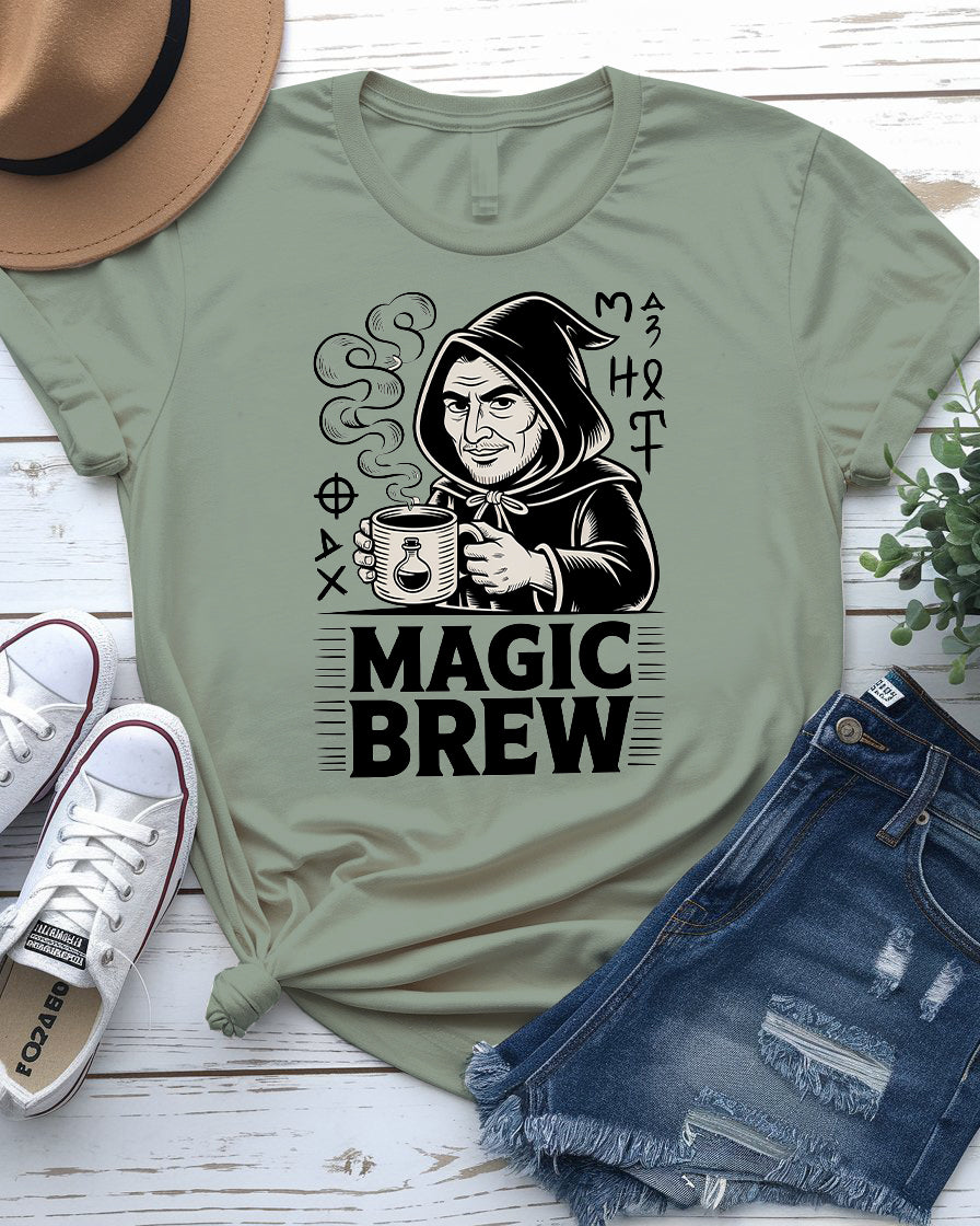 Magic Brew coffee meme t-shirt flat lay – great gift for espresso fans