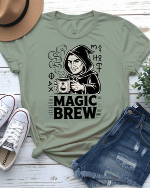 Magic Brew coffee meme t-shirt flat lay – great gift for espresso fans