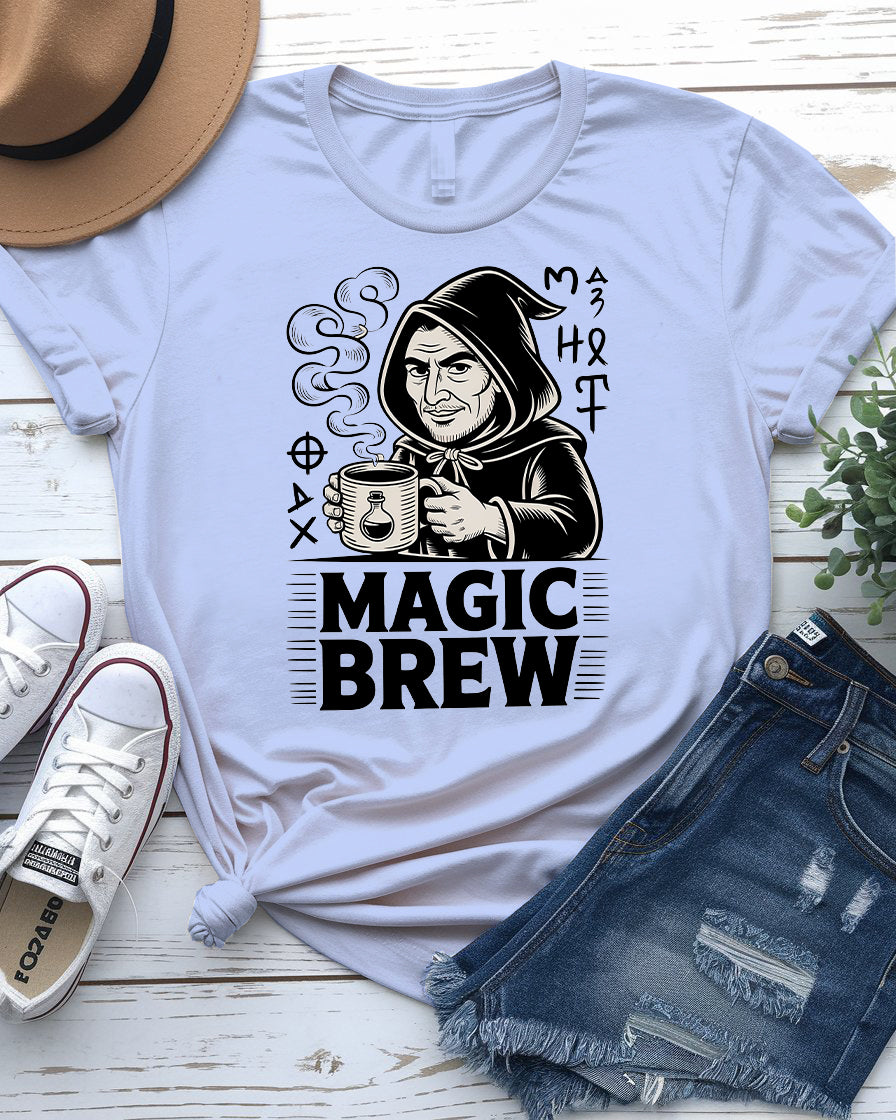 Magic Brew coffee meme t-shirt flat lay – great gift for espresso fans