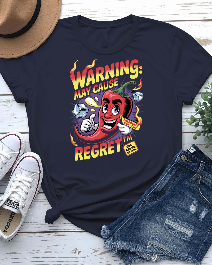 Funny t-shirt with “Warning May Cause Regret” meme quote printed in bold lettering, styled for food lovers and humor fans.