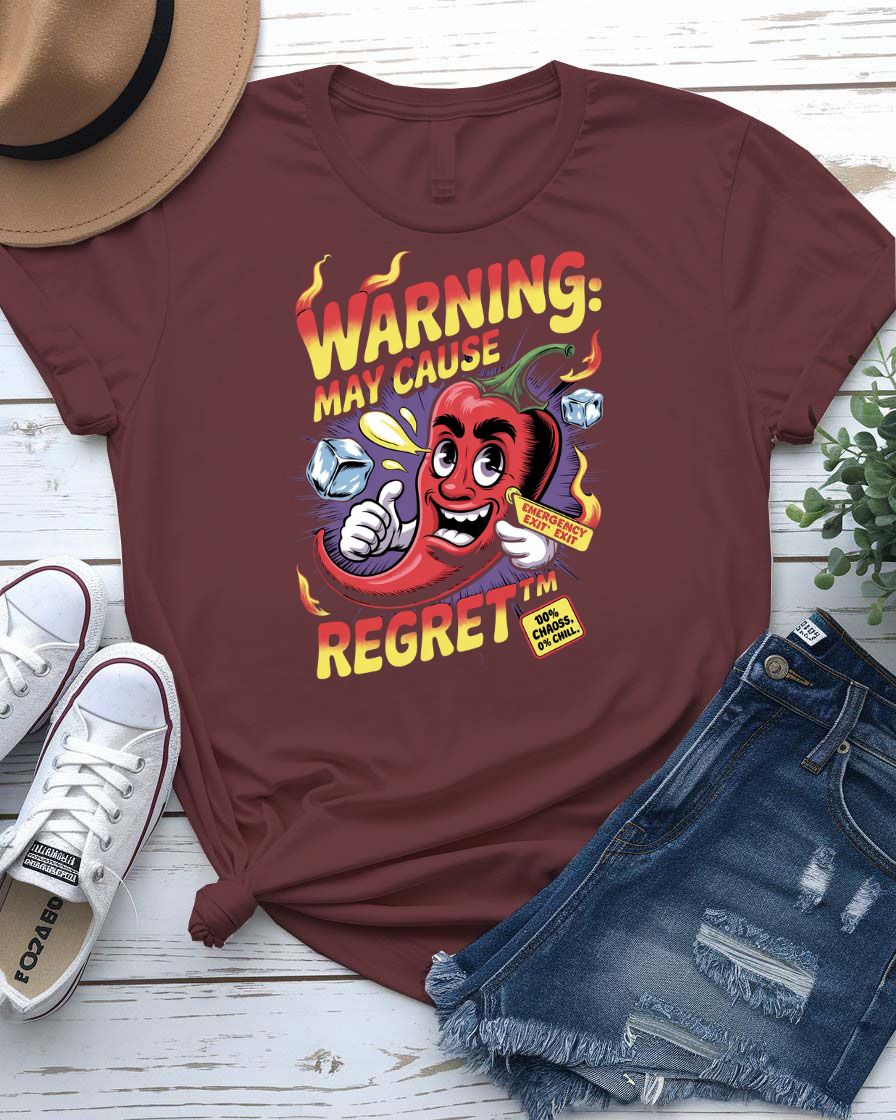 Funny t-shirt with “Warning May Cause Regret” meme quote printed in bold lettering, styled for food lovers and humor fans.
