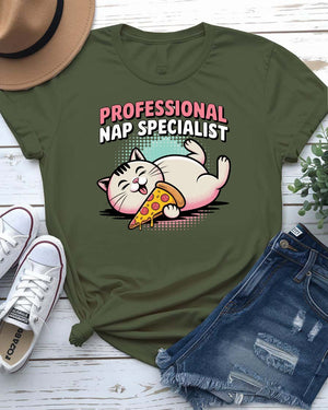 Funny unisex T-shirt with “Professional NAP Specialist” text and sleeping cat graphic from Memez Store