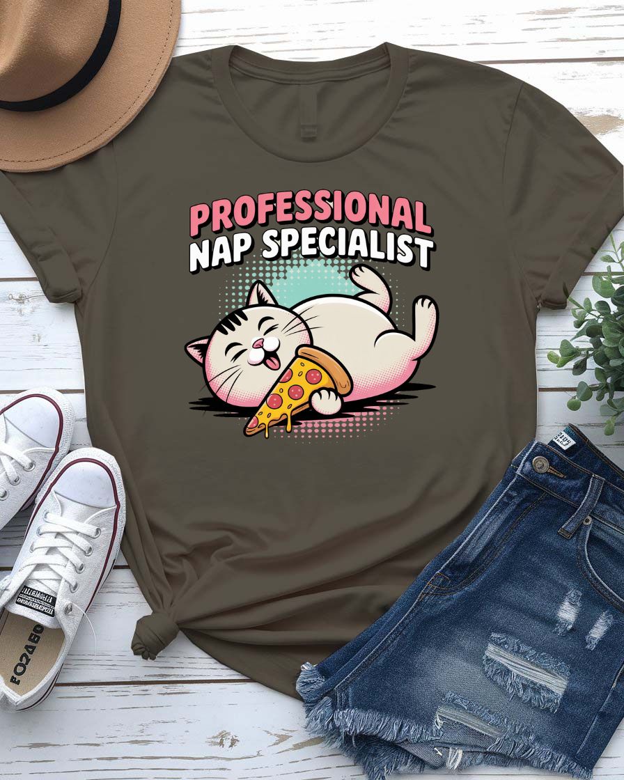 Funny unisex T-shirt with “Professional NAP Specialist” text and sleeping cat graphic from Memez Store