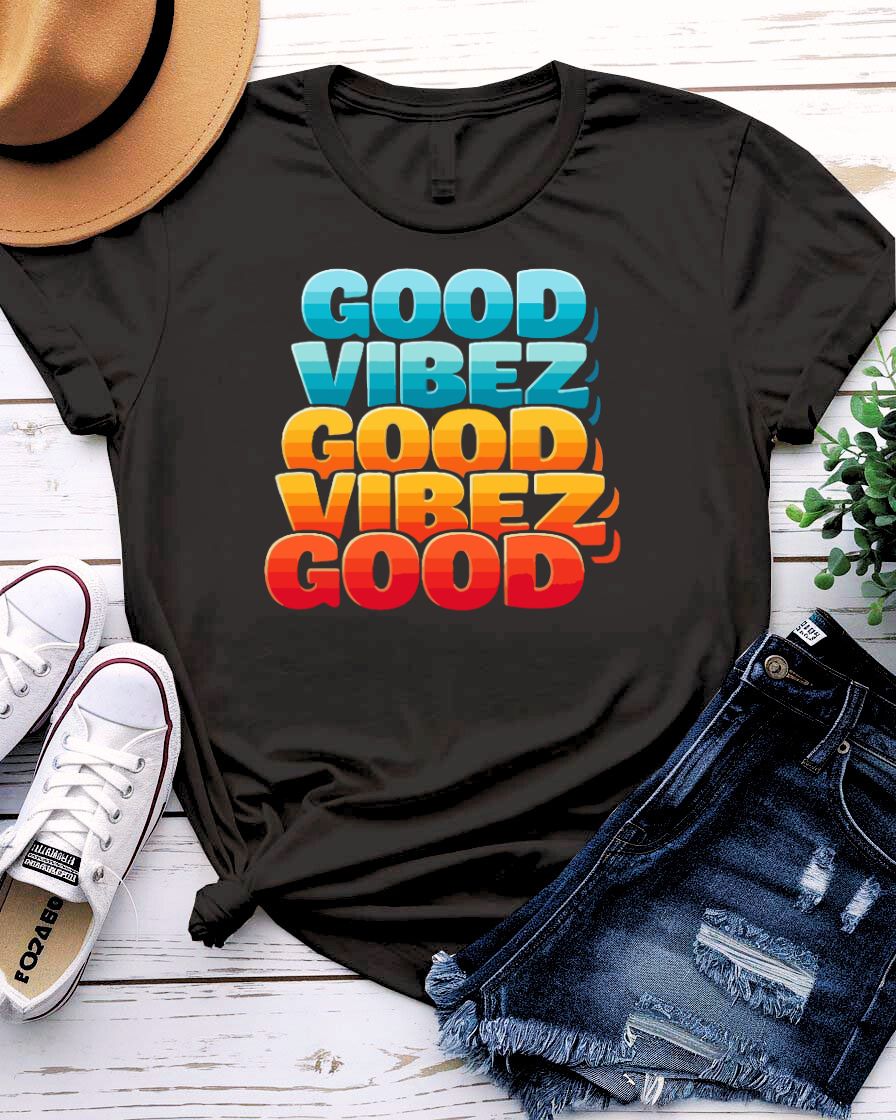 Good vibez design tee smiling sun and positive phrase
