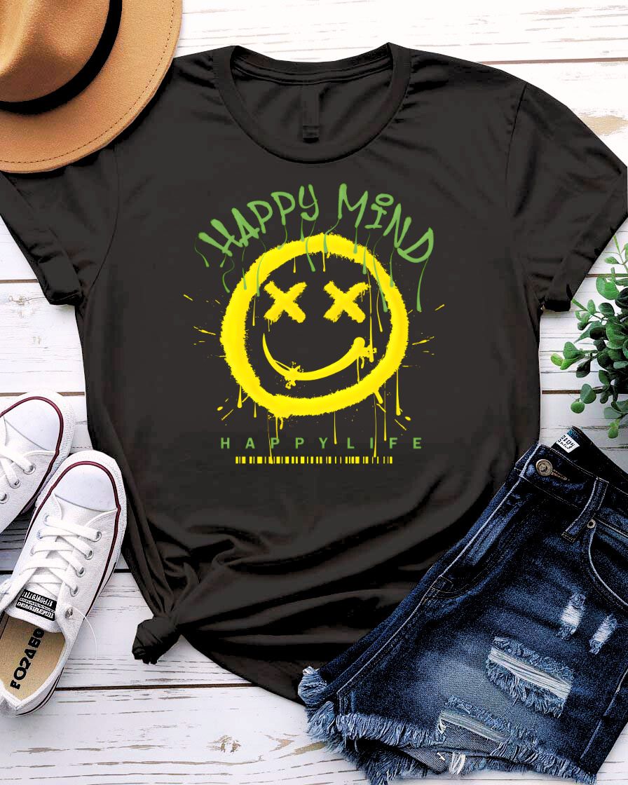 Happy Mind Copy visionary split-design tee on model in creative studio setting