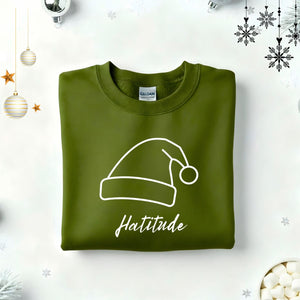 Hatitude Typographical Embroidered Sweatshirt – sassy hat lover sweatshirt with minimalist embroidered text, soft unisex fleece pullover from Memez.Store, perfect for cap culture and fashion enthusiasts.