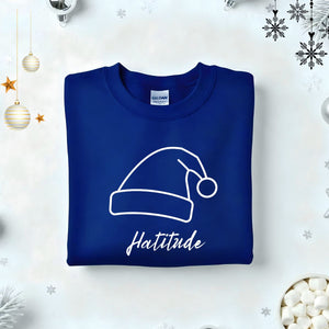 Hatitude Typographical Embroidered Sweatshirt – sassy hat lover sweatshirt with minimalist embroidered text, soft unisex fleece pullover from Memez.Store, perfect for cap culture and fashion enthusiasts.