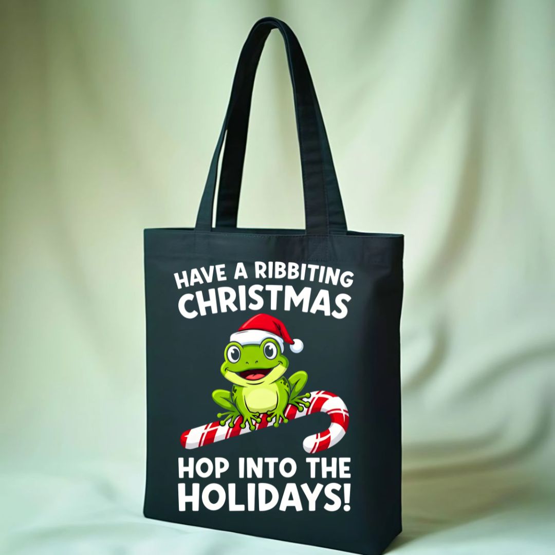 Have A Ribbiting Christmas Tote Bag with festive frog design
