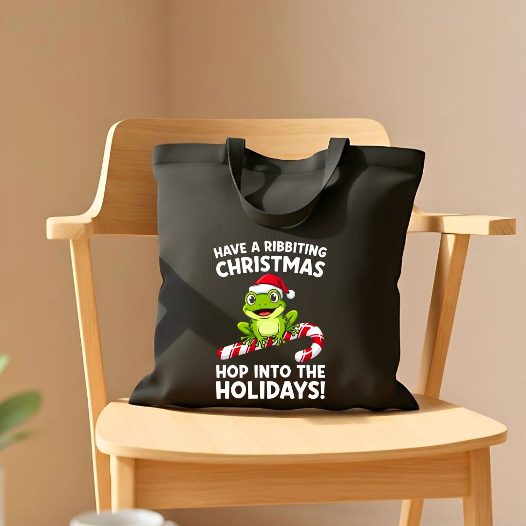Have A Ribbiting Christmas Tote Bag with festive frog design