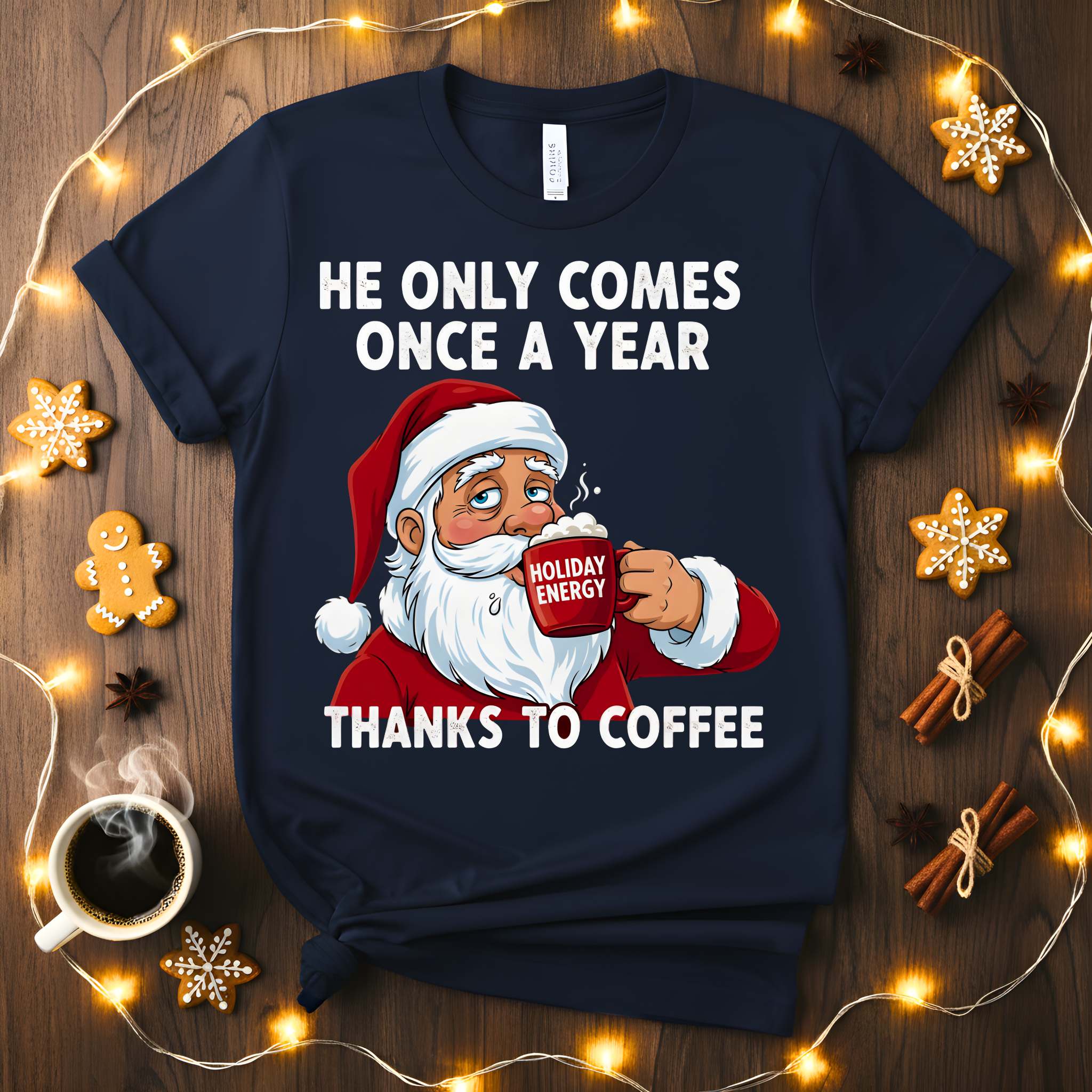 “He Only Comes Once a Year Coffee Christmas Meme Funny Tee – funny and cheeky coffee holiday t-shirt for Christmas.”
