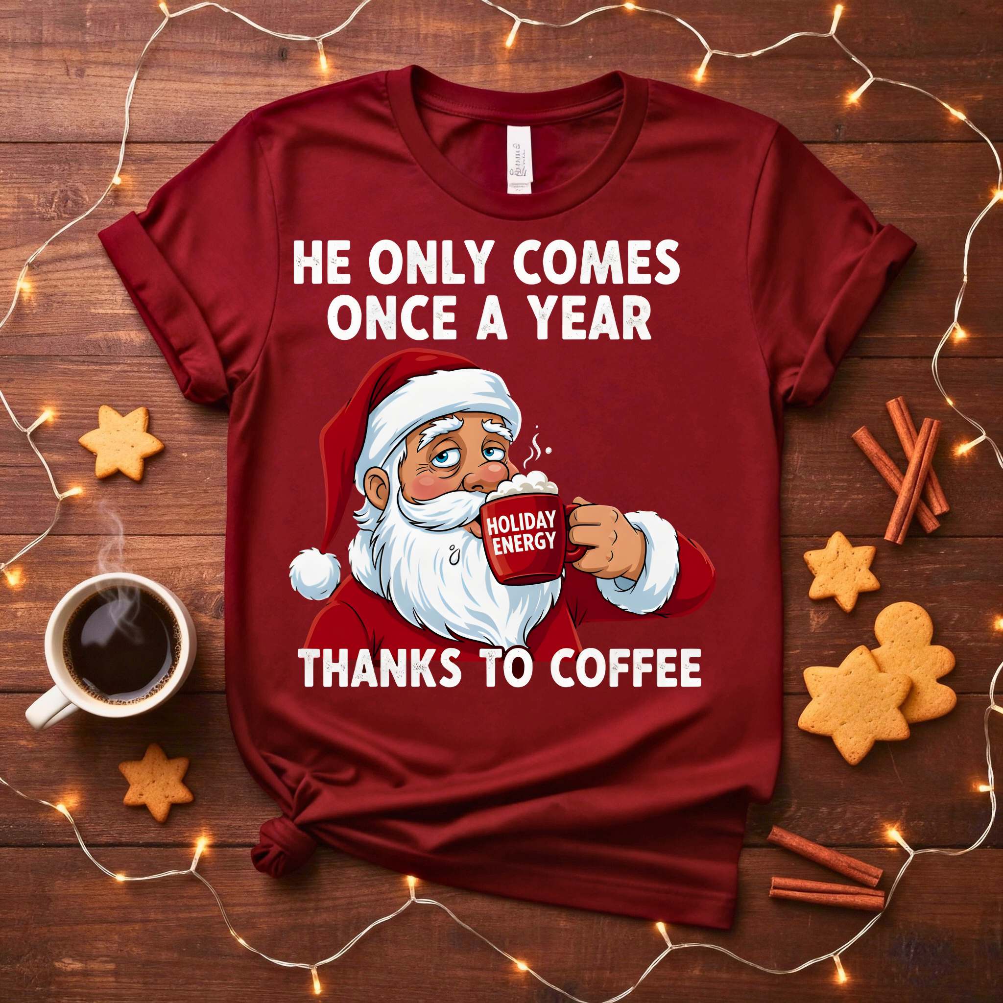 “He Only Comes Once a Year Coffee Christmas Meme Funny Tee – funny and cheeky coffee holiday t-shirt for Christmas.”