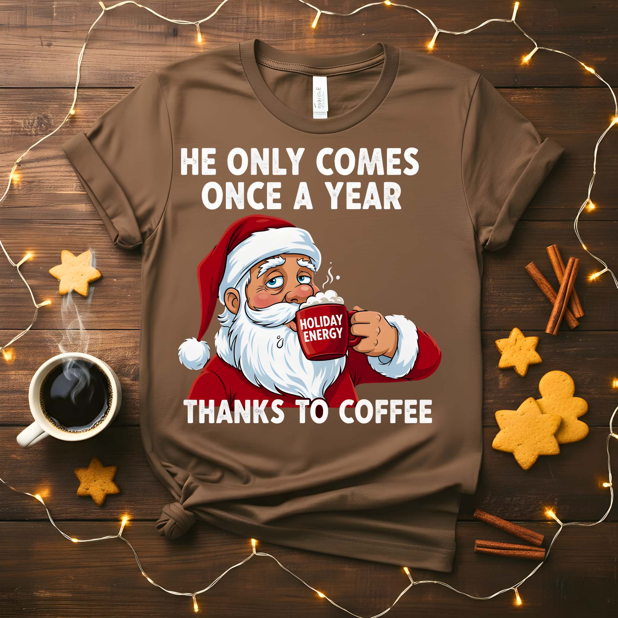 “He Only Comes Once a Year Coffee Christmas Meme Funny Tee – funny and cheeky coffee holiday t-shirt for Christmas.”