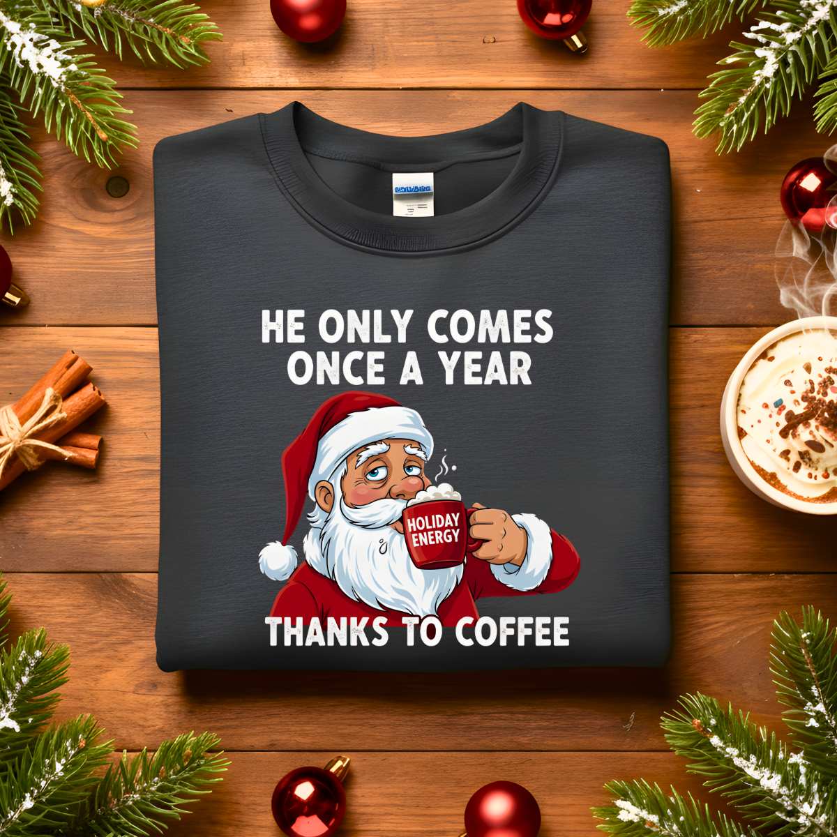 “He Only Comes Once in a Year Christmas Sweatshirt – funny naughty holiday meme sweatshirt for Christmas humor.