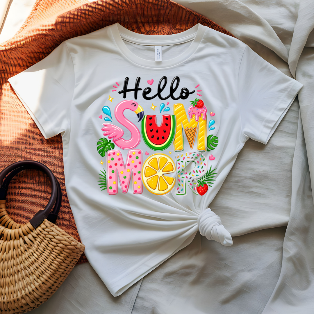 Hello Summer Tee with tropical leaves and floral design