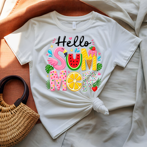 Hello Summer Tee with tropical leaves and floral design