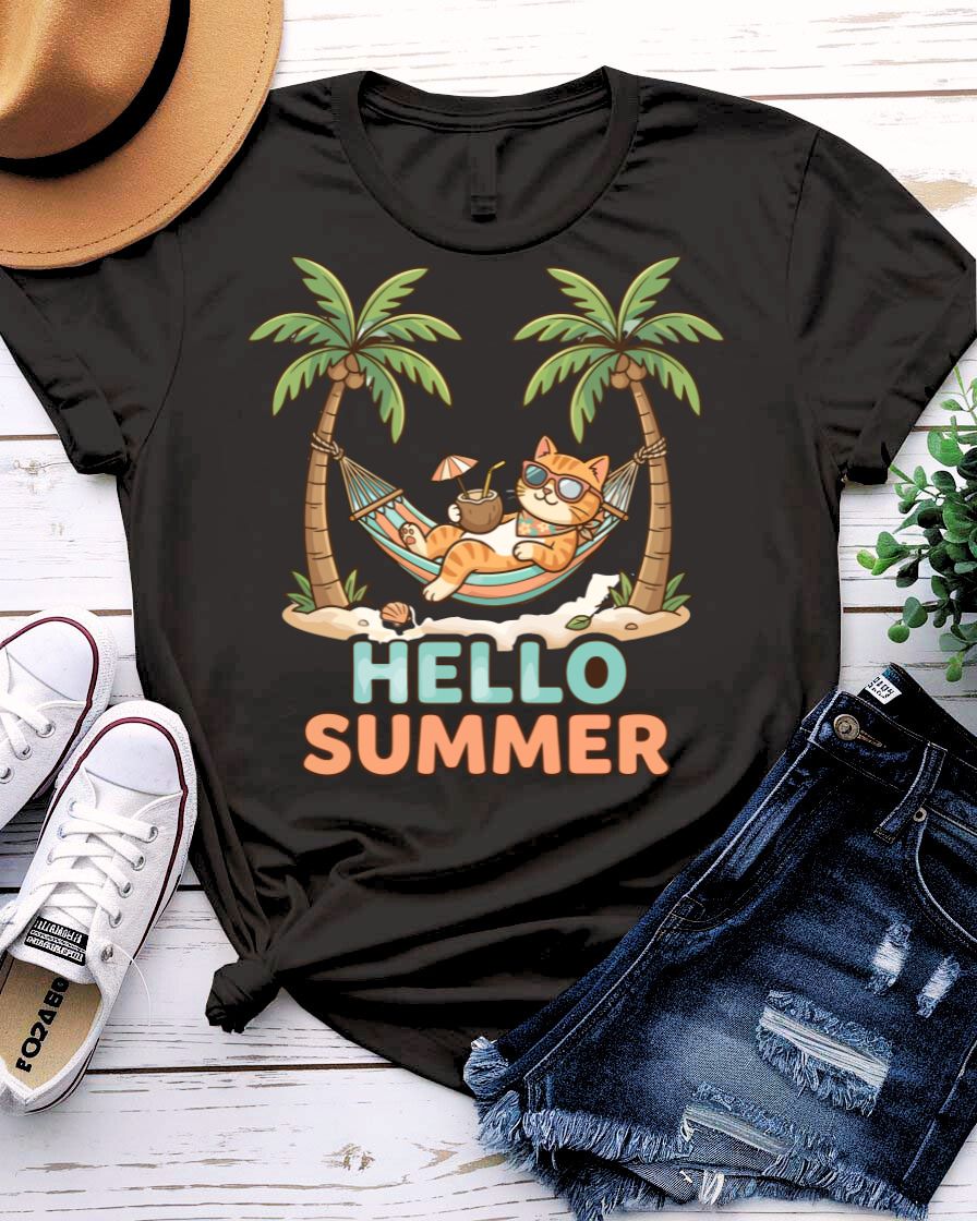 Hello cat summer tee waving kitty sunshine graphic