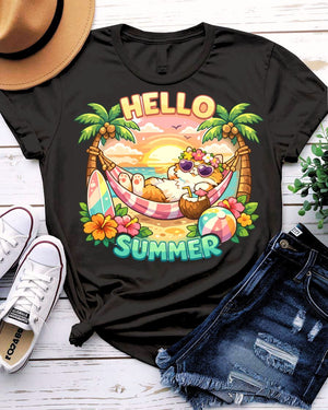 Hello cat summer tee waving kitty with sunshine graphic