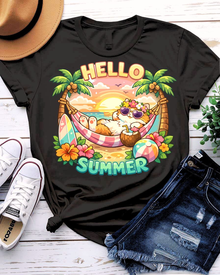Hello cat summer tee waving kitty with sunshine graphic