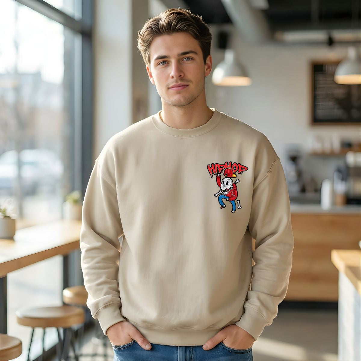 Hip hop skull streetwear crewneck sweatshirt front view