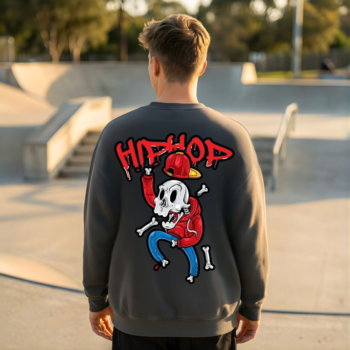 Hip hop skull streetwear crewneck sweatshirt front view
