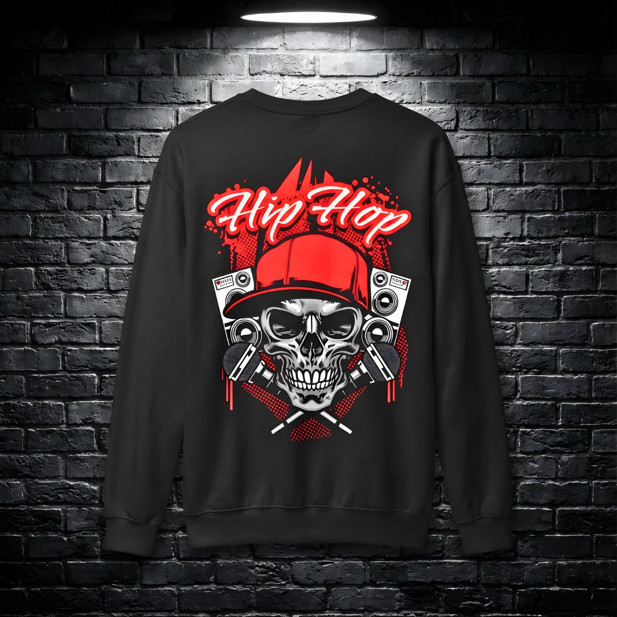 Hip hop skull streetwear crewneck sweatshirt with urban retro graphic design