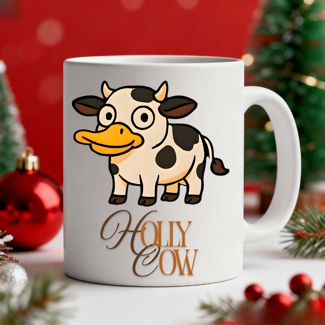 “Holly Cow Coffee Mug – funny Christmas cow meme ceramic mug for coffee lovers, humorous festive drinkware by Memez.Store