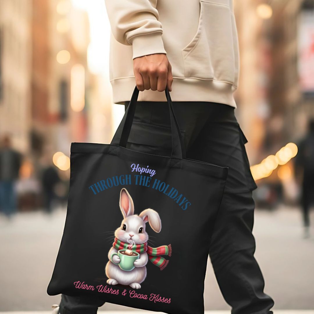 Hopping Through Holidays Tote Bag with cute bunny in winter gear