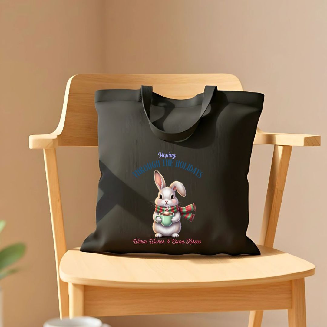 Hopping Through Holidays Tote Bag with cute bunny in winter gear