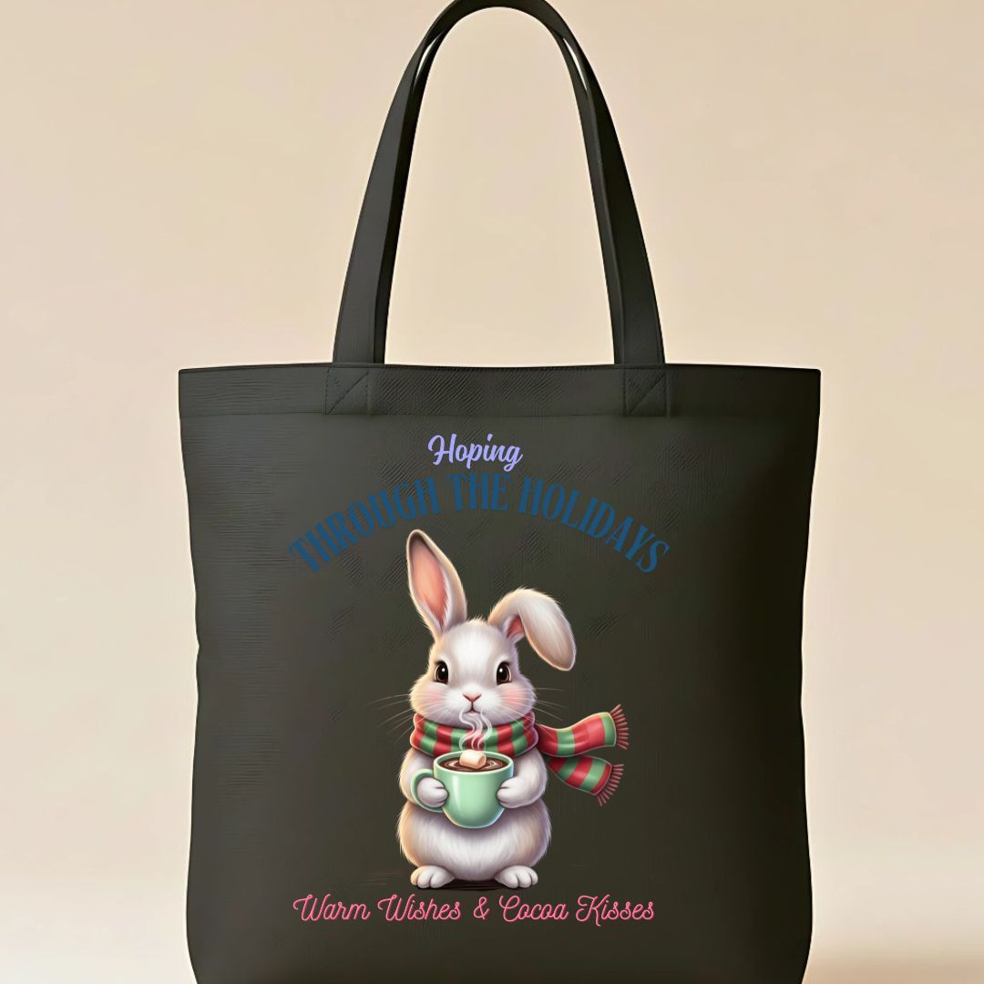Hopping Through Holidays Tote Bag with cute bunny in winter gear