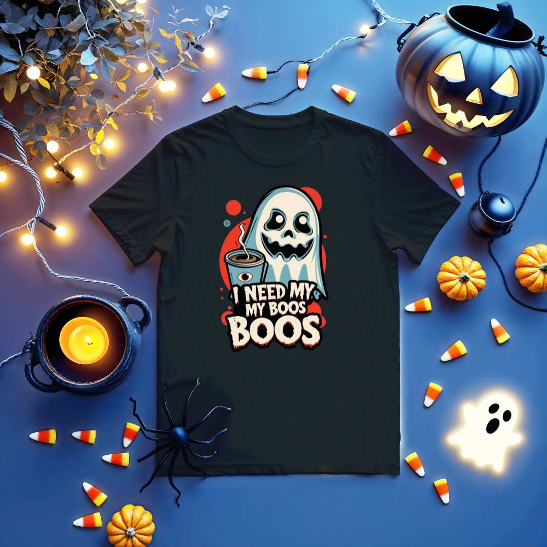 I Need My Boo Funny Halloween Tee flat lay – Memez Store