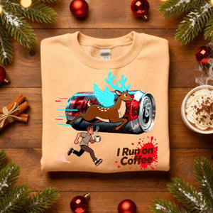 I Run On Coffee sweatshirt, funny meme pullover for caffeine lovers, cozy unisex sweatshirt gift, coffee humor outfit by Memez.Store, aesthetic coffee lover apparel winter cozy fashion.
