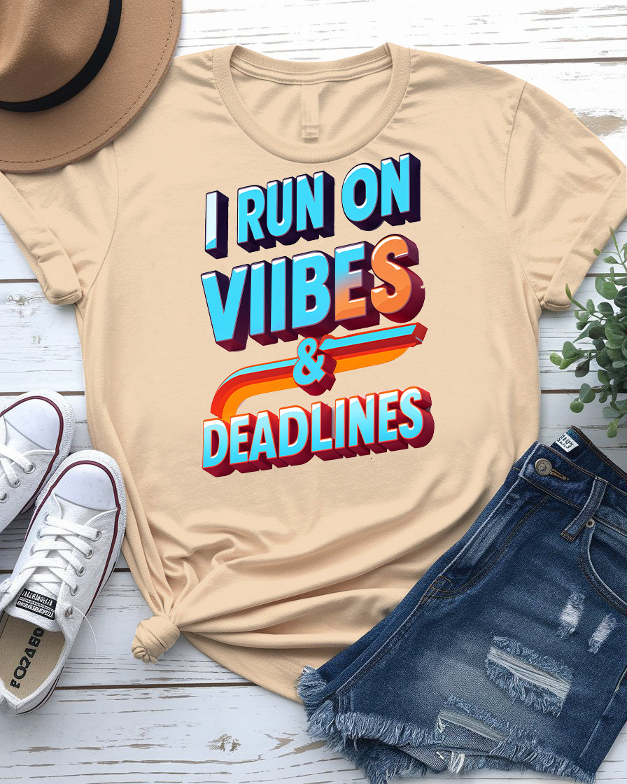 I Run on Vibes and Deadlines Tee - Funny Work Humor | Memez Store