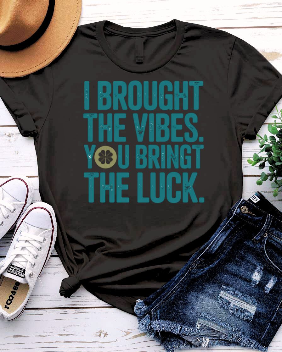 I Brought The Vibes St. Patrick's Day Tee with radiating pint glass on model
