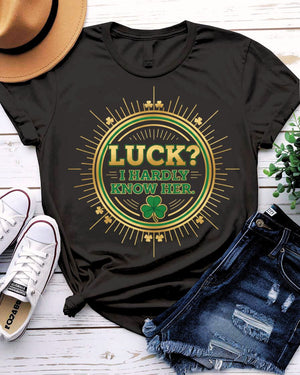 I Hardly Know Her St. Patrick's Day Tee with blushing shamrock on model