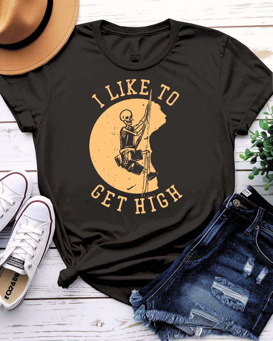 I Like to Get High Urban Style Tee with figure soaring above skyline on model